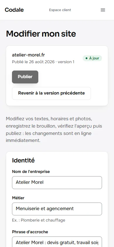 Édition du site : identité, métier, phrase d'accroche et présentation, sur téléphone